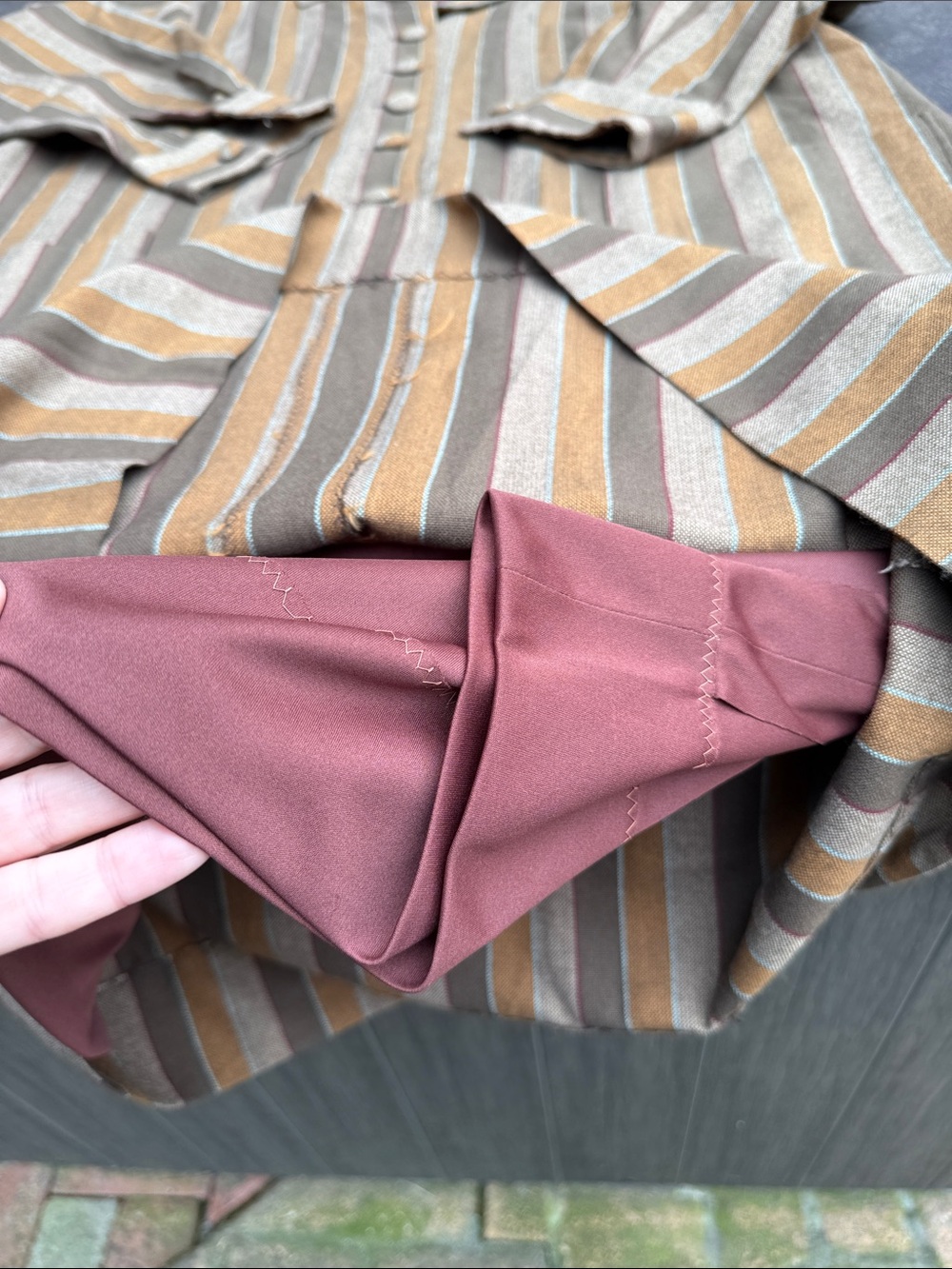 Vintage Striped Long Button-Front Dress Coat in Mustard and Brown handmade brown - Picture 11 of 12